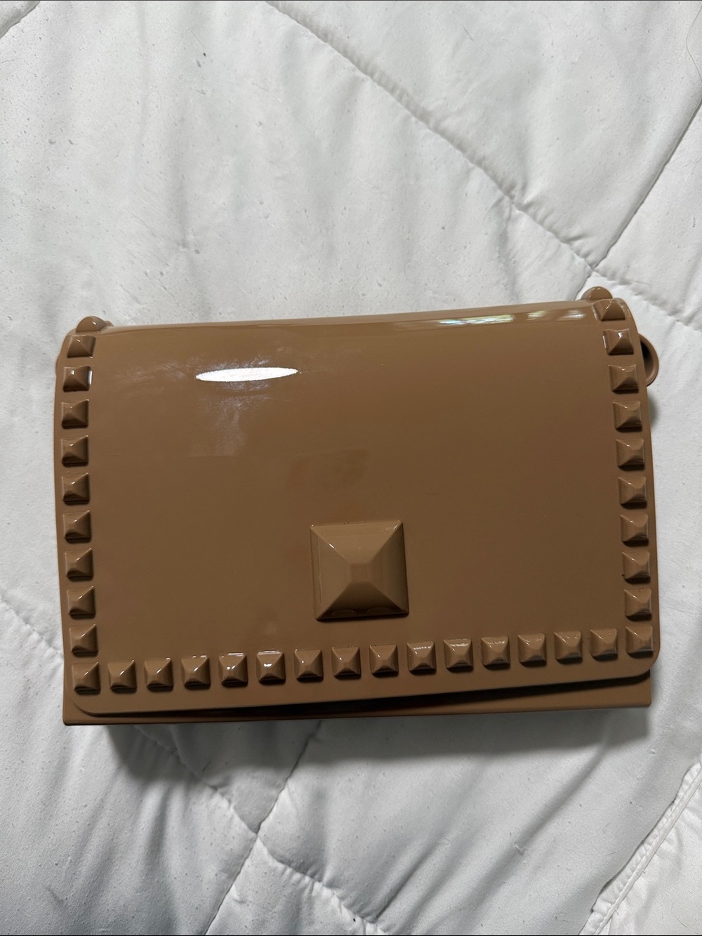 Stud-Trim Patent Crossbody Bag in Camel Brown